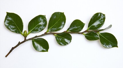 Poster - Close-up of a Camellia branch with glossy green leaves and a small bud, isolated on white background.