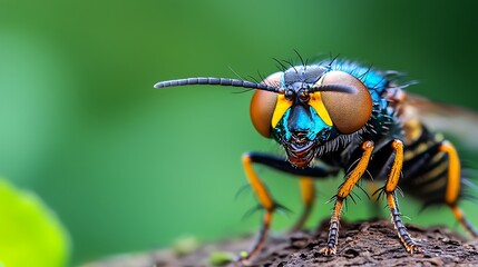 Canvas Print - Close-up of a vibrant blue and black insect with large eyes perched on a dark surface against a blurred green background.