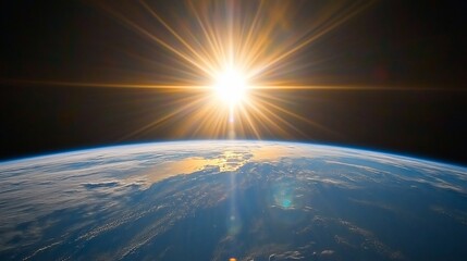 Poster - Sun rising over Earth, seen from space; vibrant sunrise with sun rays.