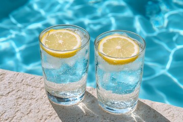 Sticker - Two glasses of iced lemon water by a pool.