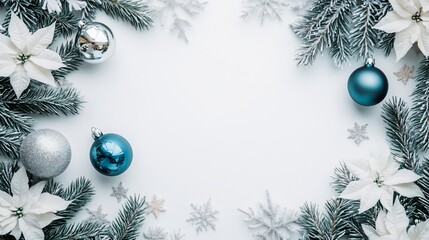 Poster - Festive Christmas flat lay with fir branches, ornaments, poinsettias, and snowflakes on white background.