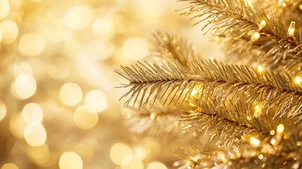 Poster - Close-up of a gold Christmas tree branch with warm lights and bokeh background.