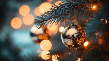 Poster - Close-up of a gold Christmas ornament hanging on a decorated tree branch with blurred lights in the background.