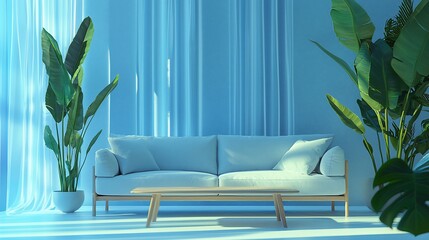 Poster - Serene living room with white sofa, light wood coffee table, and large tropical plants. Blue curtains filter sunlight.