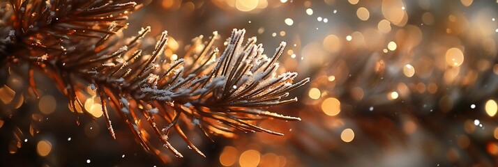 Poster - Snow-covered pine branch with bokeh lights.