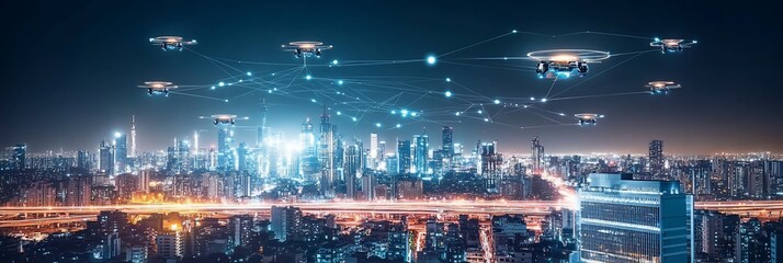 Poster - Night cityscape with multiple drones connected by network.