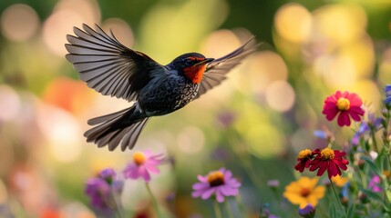 Aufkleber - A vibrant bird in flight over a colorful garden, wings spread wide.