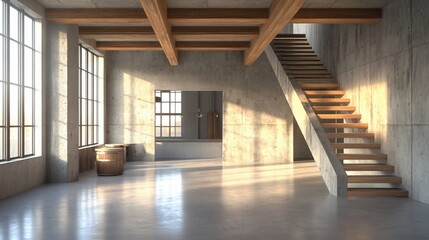 Poster - Sunlit loft interior with wooden staircase, concrete walls, large windows, and barrel.
