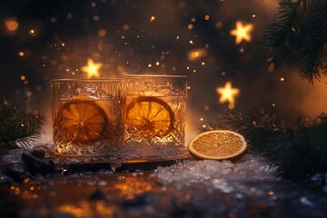 Aufkleber - Two glasses of iced orange drinks on a snowy surface with a festive background.