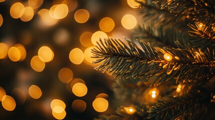 Poster - Close-up of a decorated Christmas tree branch with warm bokeh lights in the background.