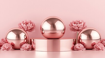 Poster - Rose gold cosmetic jars on pink podium with flowers.