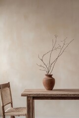 Sticker - Rustic wooden table with terracotta vase and branches against a beige wall.