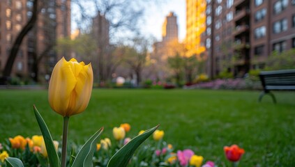 Wall Mural - Single yellow tulip in urban park at sunset.