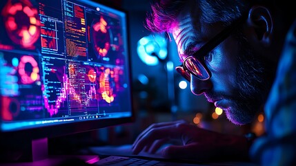 Focused programmer working late at night on computer, analyzing data on multiple screens.