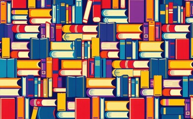 a vibrant and colorful pattern featuring a diverse collection of stacked books, representing a love 