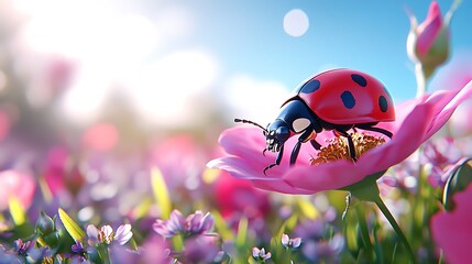 Wall Mural - Ladybug on pink flower in sunny field.