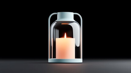 A serene candle enclosed in a modern glass lantern, casting a warm glow against a dark background.