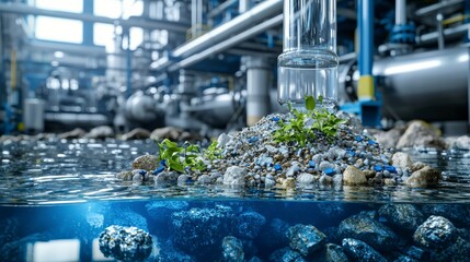 Poster - Water purification process industrial facility supply chain analysis clean environment aerial view sustainability insights