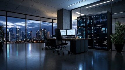 Leinwandbilder - Corporate office space at night cityscape view digital data visualization modern environment professional concept