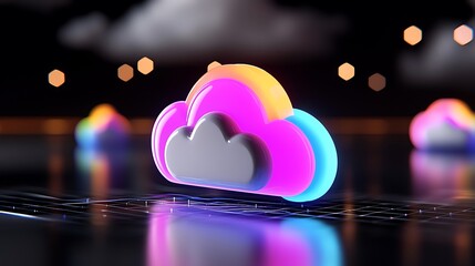 Canvas Print - Neon cloud computing symbol on dark reflective surface.