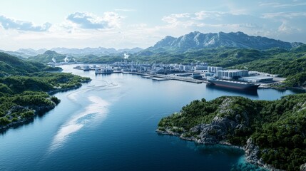 Poster - Supply chain visualization industrial port in coastal landscape stunning aerial view of operations and environment