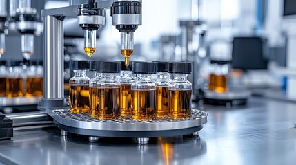 Fototapete - Modern factory liquid bottling innovative processes captured in cleanroom industrial photography for efficiency gains