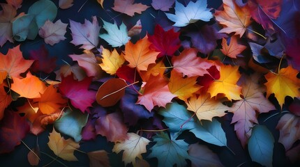 pile of colorful leaves, abstract bright autumn background of fall leaves