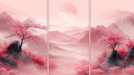 Canvas Print - Pink Asian landscape, triptych.