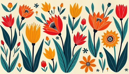 Colorful flower pattern design. Illustration features stylized flowers in vibrant colors like orange, red tulips, sunflowers. Decorative flower elements create visually appealing, repetitive pattern.