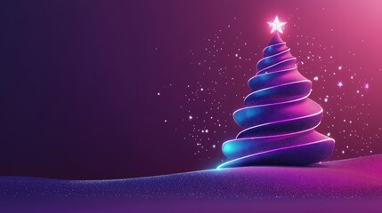 Wall Mural - abstract purple christmas tree glowing with neon lights and sparkling stars, festive holiday concept
