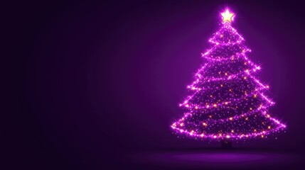 Wall Mural - abstract purple christmas tree glowing with neon lights and sparkling stars, festive holiday concept