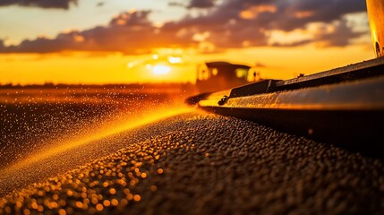 Wall Mural - Sunset harvest close-up of combine harvester collecting grain.