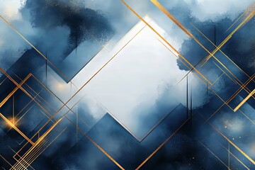 Abstract blue and gold style background with geometric shapes and soft cloud-like textures.