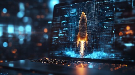 Laptop screen showing digital rocket launch, night city background, startup concept