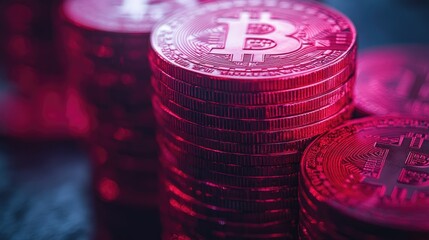 Stack of pink bitcoin cryptocurrency coins on dark background, close-up for finance