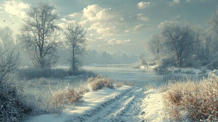 Wall Mural - Snowy path leads to frozen river.