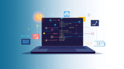 Modern Technology Process of Software and Web Development with Programming Languages on Laptop and Digital Network Concepts






