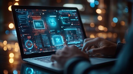 Programmer coding futuristic interface, night office