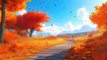Wall Mural - serene autumn scene featuring a wooden path surrounded by vivid fall colors and nature's beauty sere