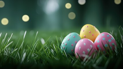 Colorful Easter eggs nestled in fresh green grass