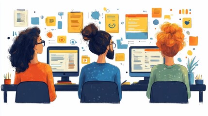 team coding, office, project planning, collaboration, illustration
