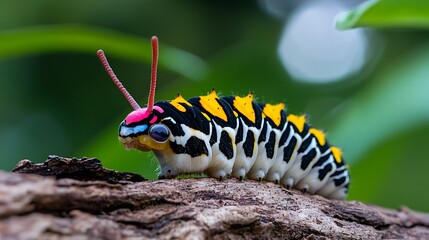 Canvas Print - Vibrant colorful caterpillar crawling on wood.