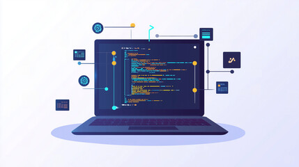Modern Technology Process of Software and Web Development with Programming Languages on Laptop and Digital Network Concepts






