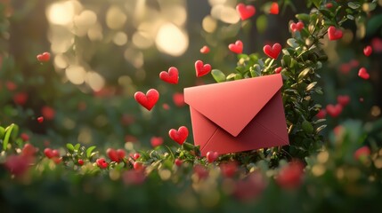 Poster - Romantic envelope surrounded by floating hearts in nature