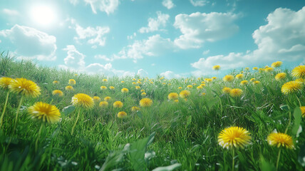 Wall Mural - peaceful spring meadow with dandelions and fresh green grass against a cloudy blue sky