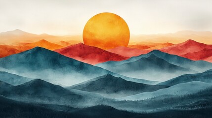 Wall Mural - Sun over layered mountains.