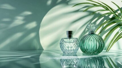 Sticker - Elegant perfume bottles on reflective surface with palm leaf shadows.