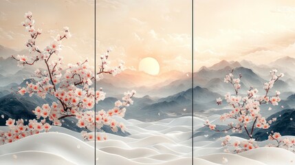 Wall Mural - Sunrise over misty mountains with blossoming cherry trees.