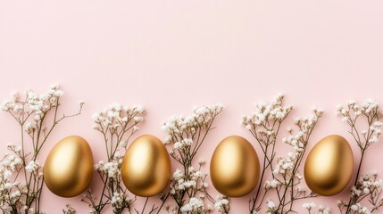 Gold eggs and white flowers on pink background.