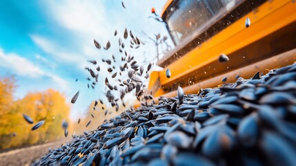 Wall Mural - Sunflower seeds harvesting. Machine collecting seeds.